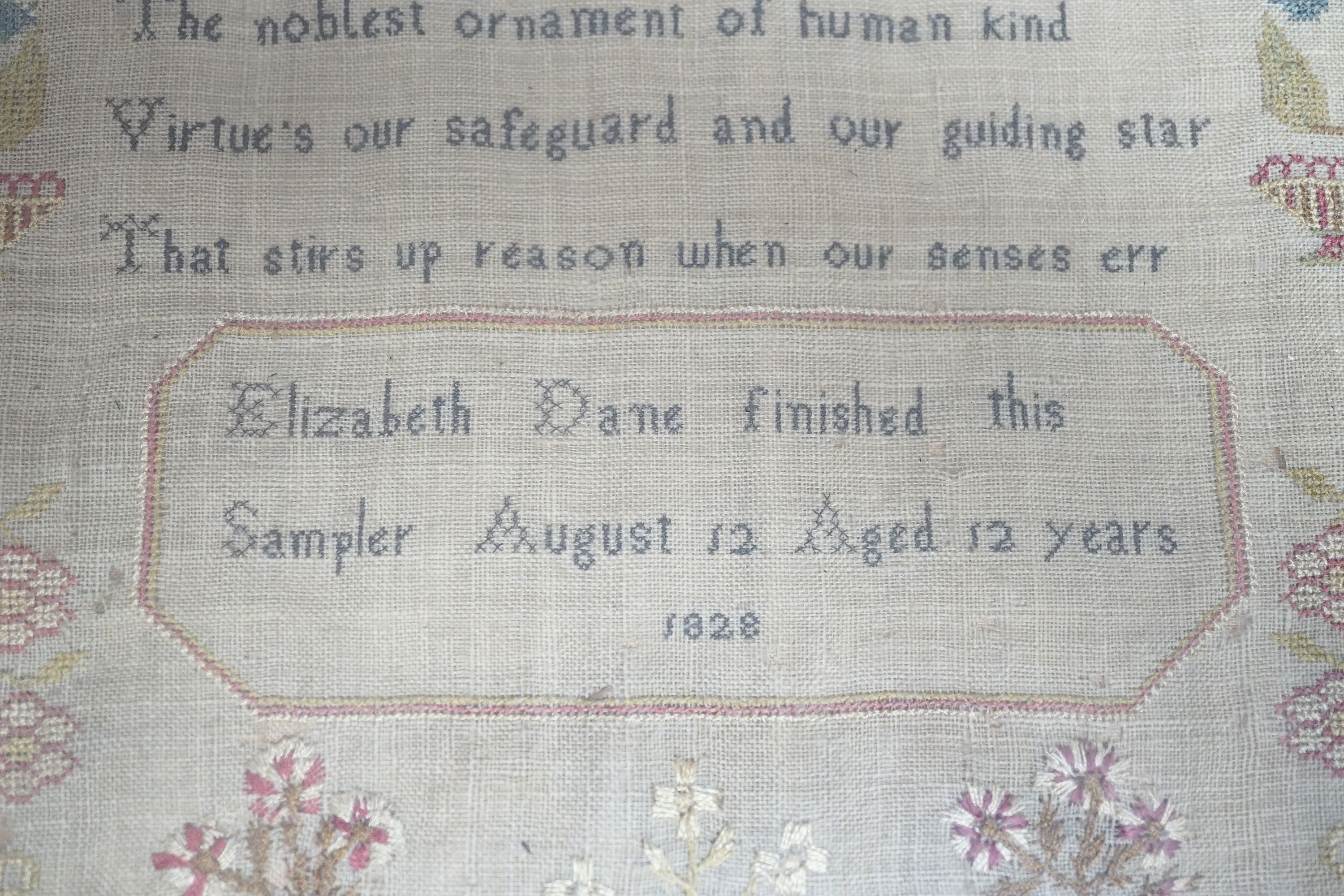 A George IV sampler dated August 12th 1828 titled ‘Virtue’ by Elizabeth Dane, framed 35x27cm